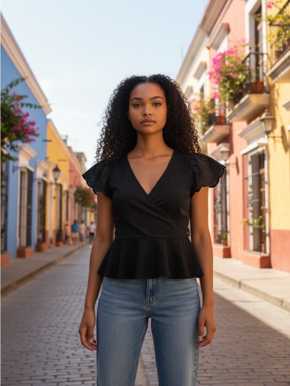 New Express Embroidered Flutter Sleeve Peplum Cotton Black Top Size XS